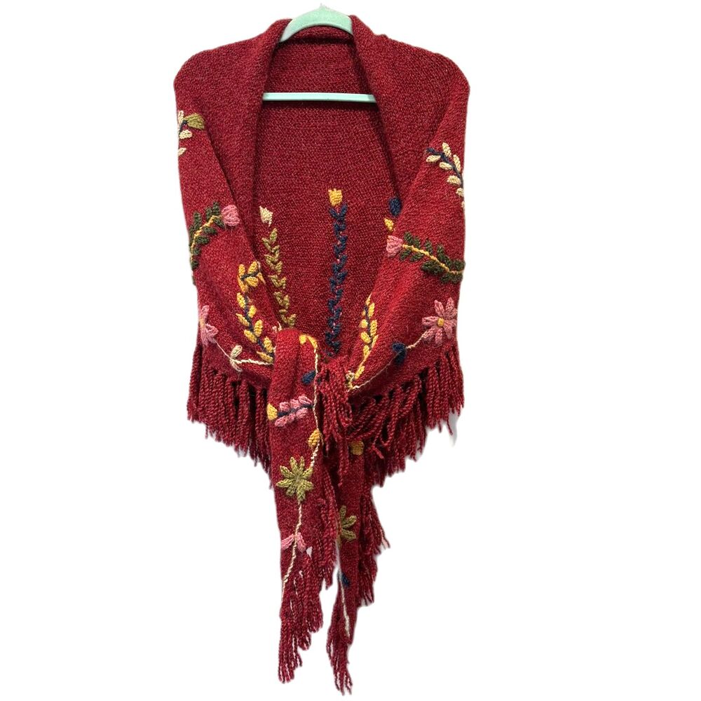 Peruvian Trading Company Knit Wrap Shawl Floral Embroidered Fringe Red Boho Art